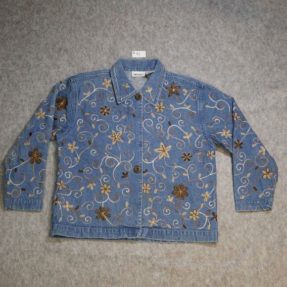 Units Embroidered Denim Jacket Blue Floral Swirl Design Women's Large Button-Up - Picture 1 of 12